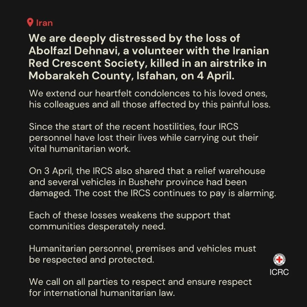 Abolfazl Dehnavi, a volunteer with the Iranian Red Crescent Society, killed in an airstrike in Mobarakeh County, Isfahan, on 4 April