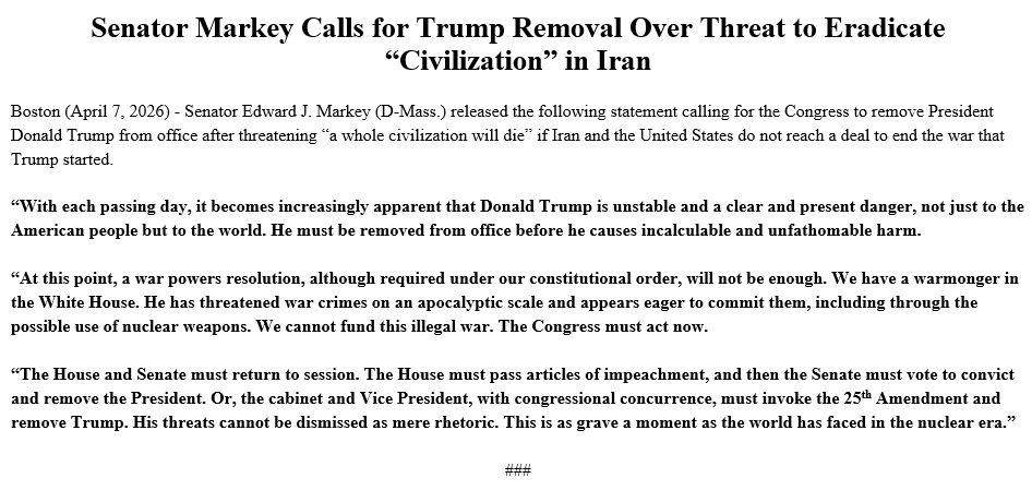 Senator Markey calls for President Trump’s removal via impeachment or invocation of the 25th Amendment