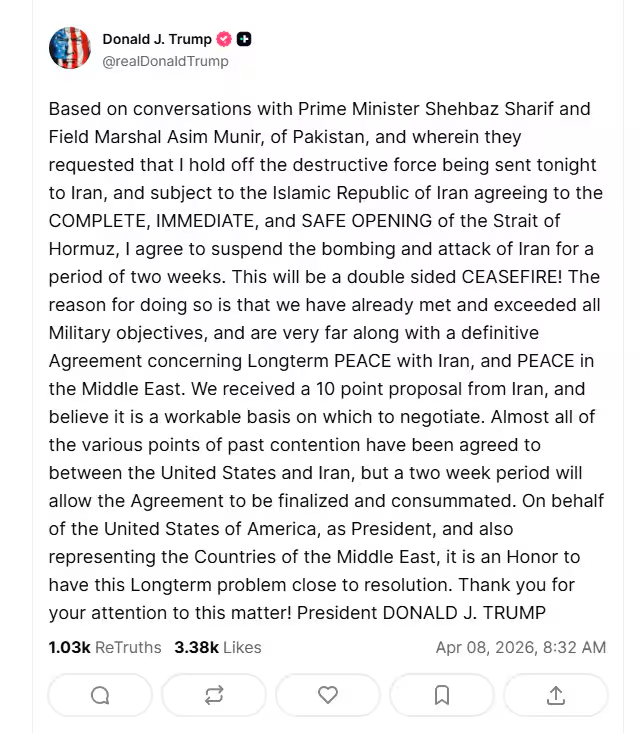 United States President Donald Trump posted the ceasefire announcement to his Truth Social platform